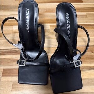 Public Desire Black Square-Toe Strappy Heels with Rhinestone Buckles